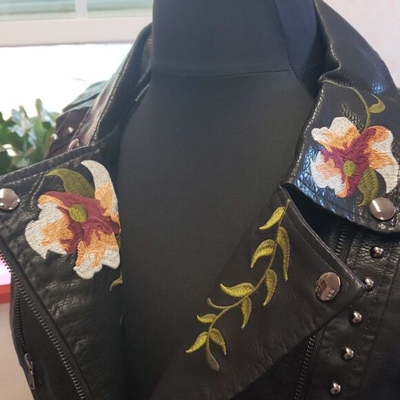 Leather Floral/accented Faux leather Moto Jacket sz L 8-10 XXL 14-16 - Picture 7 of 16